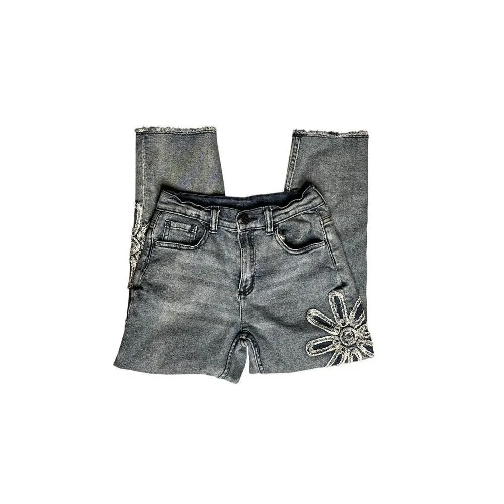 Justice Girls Jeans Size 12 Gray Wash Daisy Floral Patch Distressed